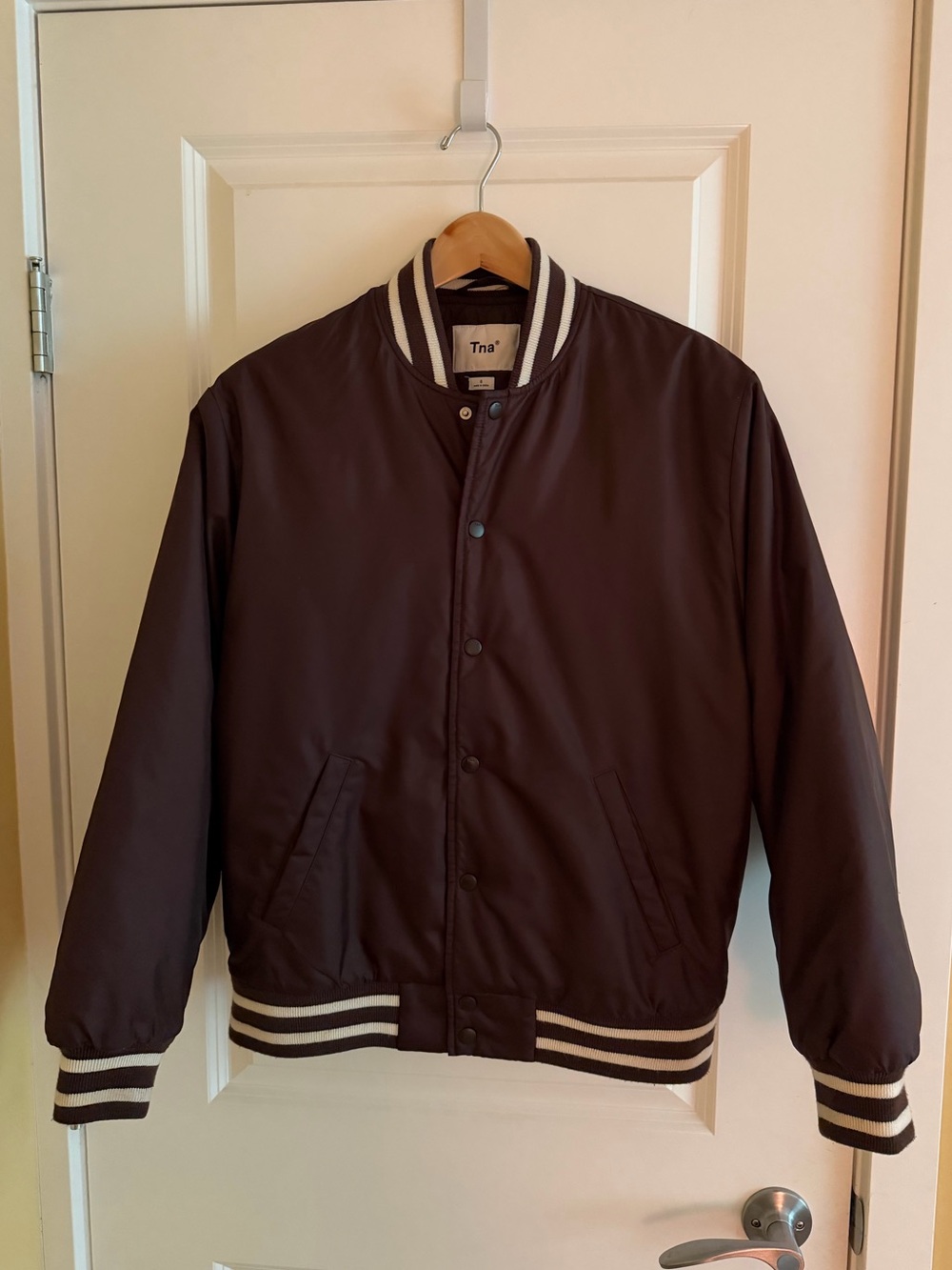 TNA Dark Brown Varsity Jacket with Stripe Trim